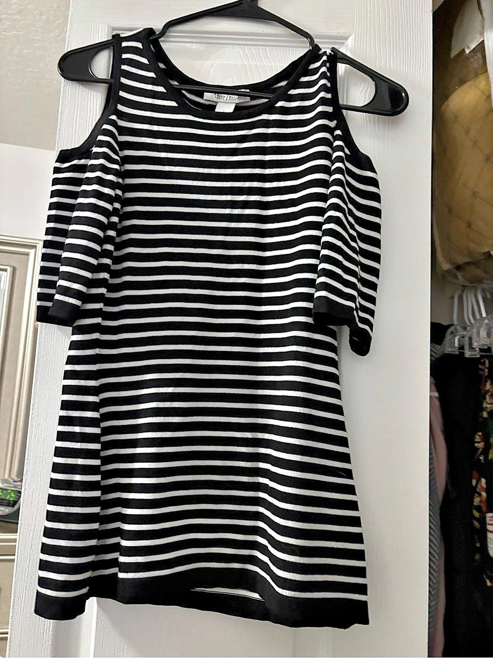 White House Black Market Black and White Striped Cold Shoulder Shirt